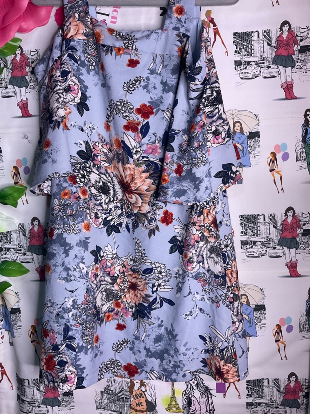 Taylor Light Blue Floral Cold-Shoulder Dress with Coral Accents